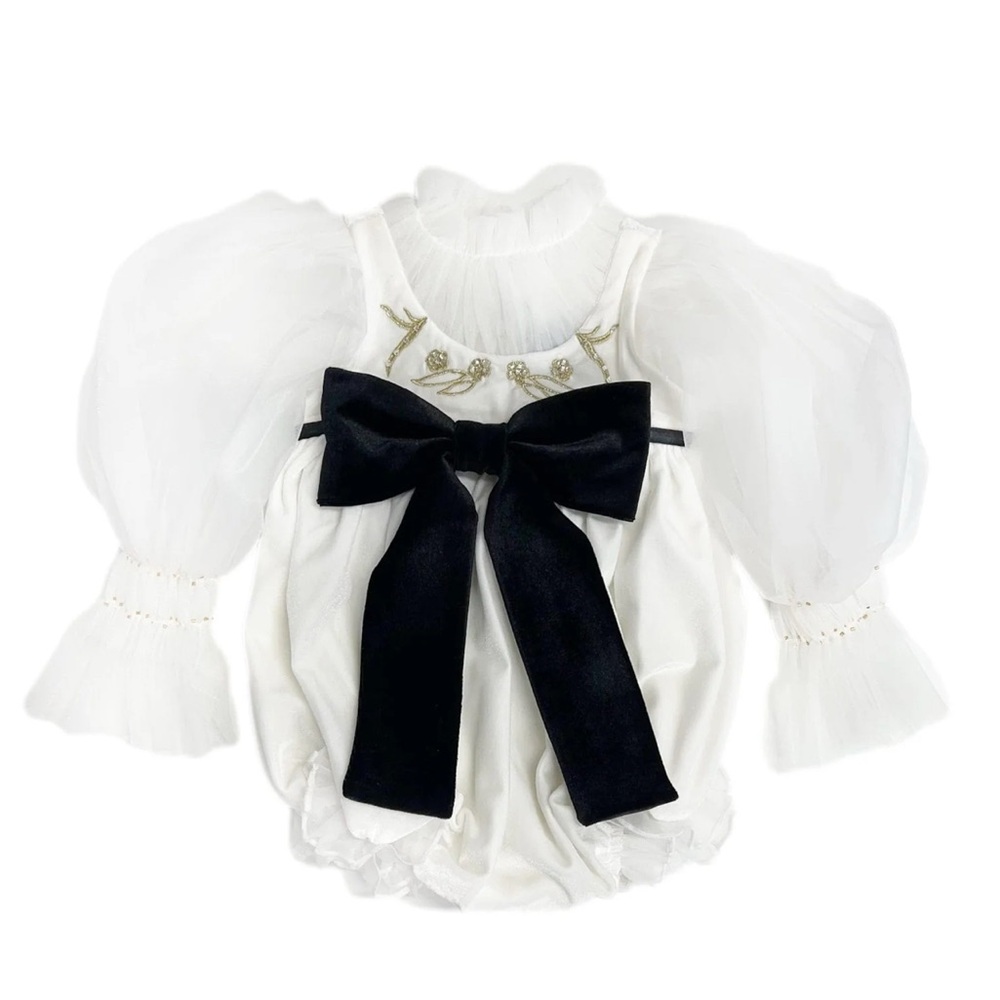 Aurora Ivory Velour Romper with Tulle Puff Sleeves
